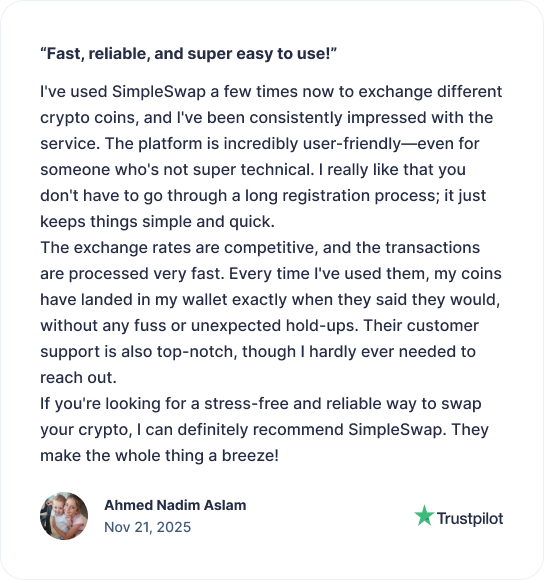 SimpleSwap Trustpilot review screenshot